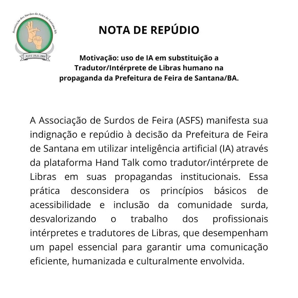 Associação de Surdos de Feira de Santana emite nota repudiando o uso de Inteligência Artificial em propagandas da Prefeitura