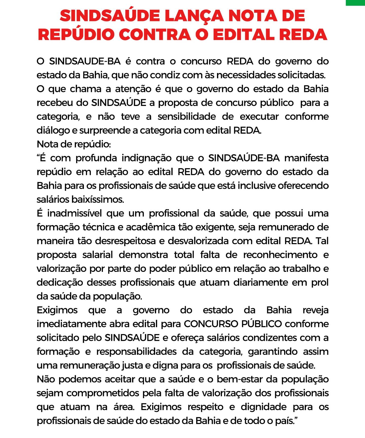 SINDSAÚDE lança nota de repúdio contra o edital REDA do Governo do Estado da  Bahia