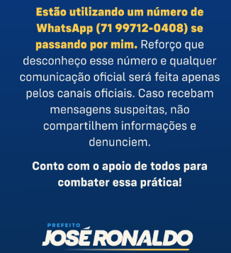 Prefeito José Ronaldo alerta população sobre golpe usando seu nome no WhatsApp