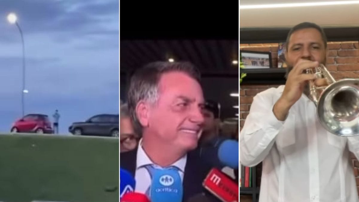 Trompetista toca “Tá na Hora do Jair Já Ir Embora” enquanto ex-presidente Jair Bolsonaro comenta, em tom choroso, decisão do Supremo Tribunal Federal que o tornou réu por tentativa de golpe de Estado