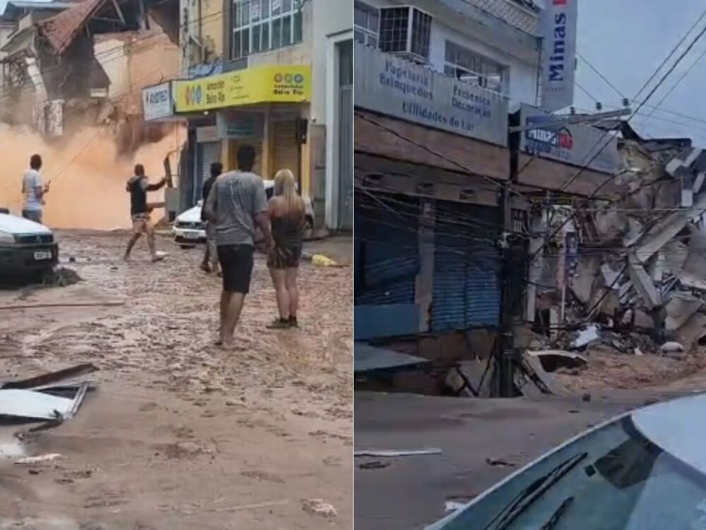 Montagem mostrando o prédio antes e durante o desabamento em Ubá