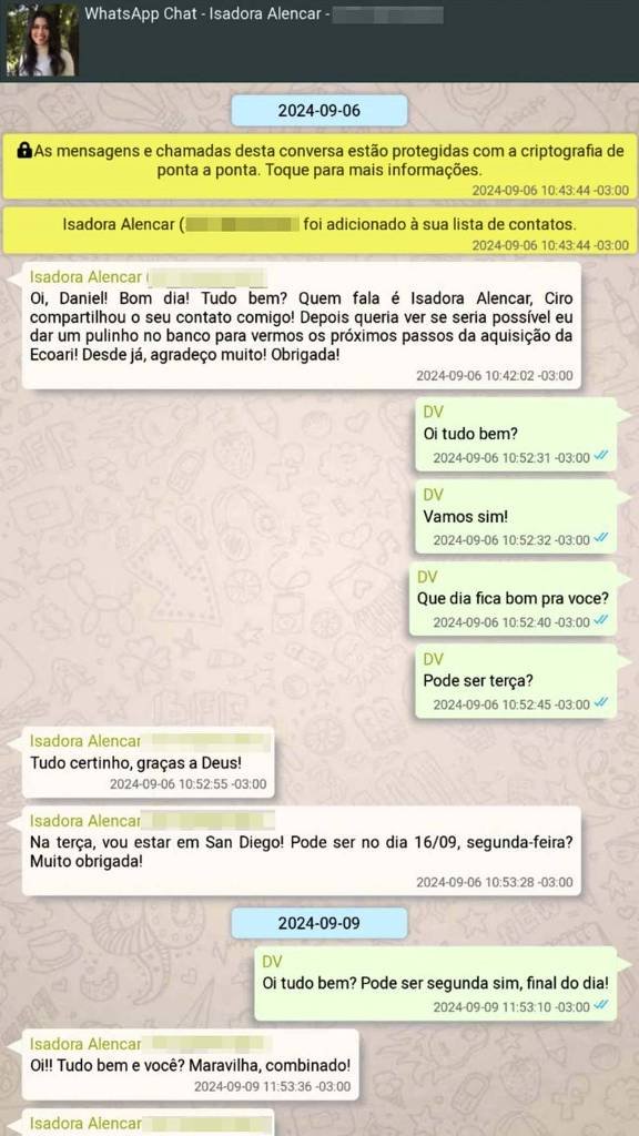 Captura de conversa entre Daniel Vorcaro e Isadora Alencar sobre contatos e reuniões