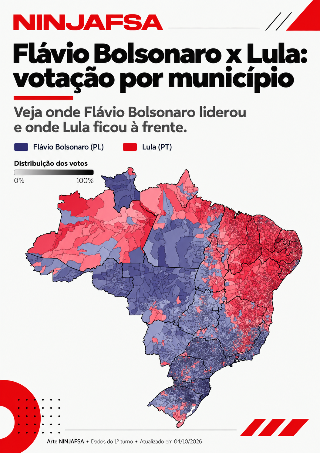 Mapa da votação de Flávio Bolsonaro e Lula por município