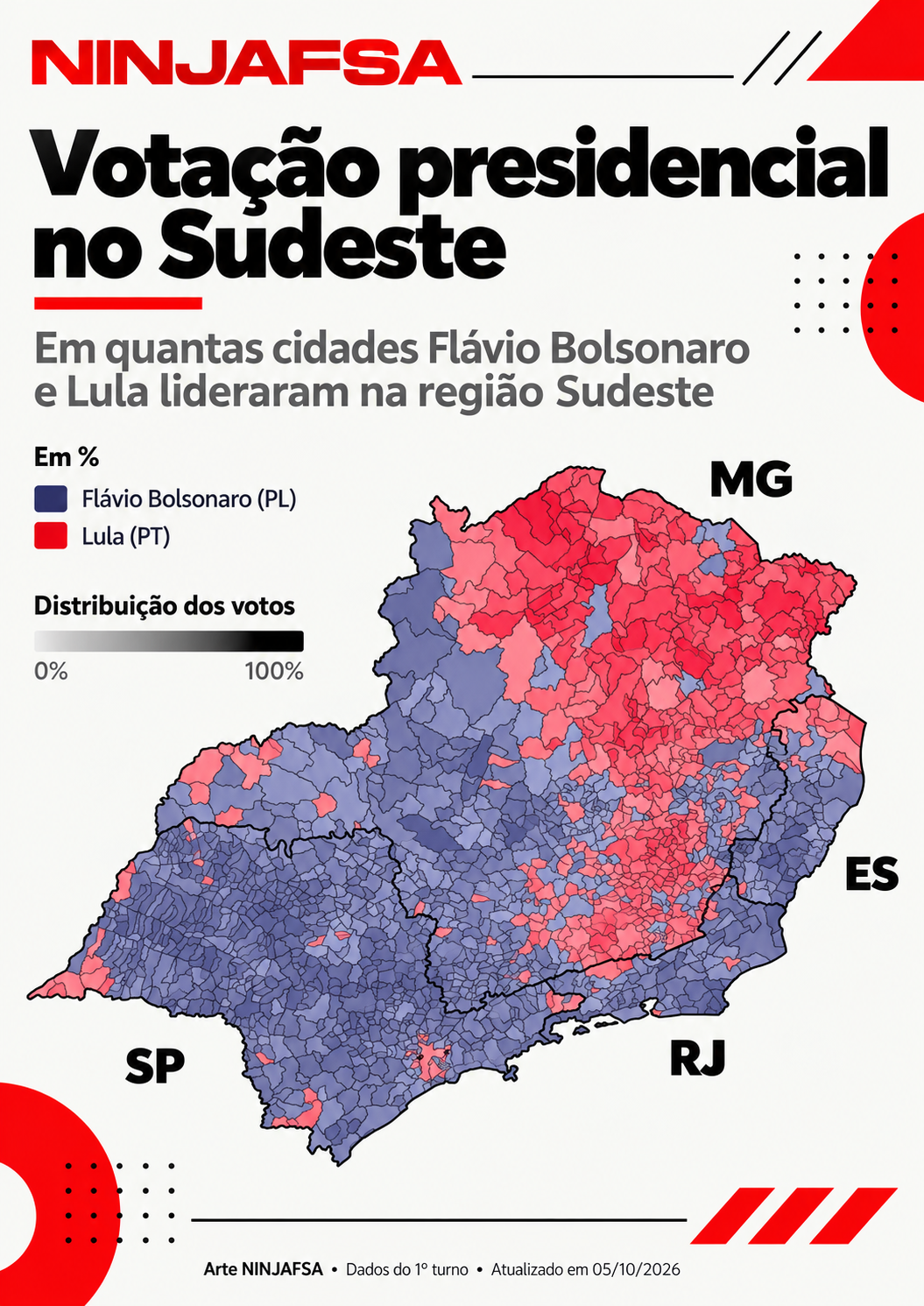 Mapa da votação presidencial no Sudeste