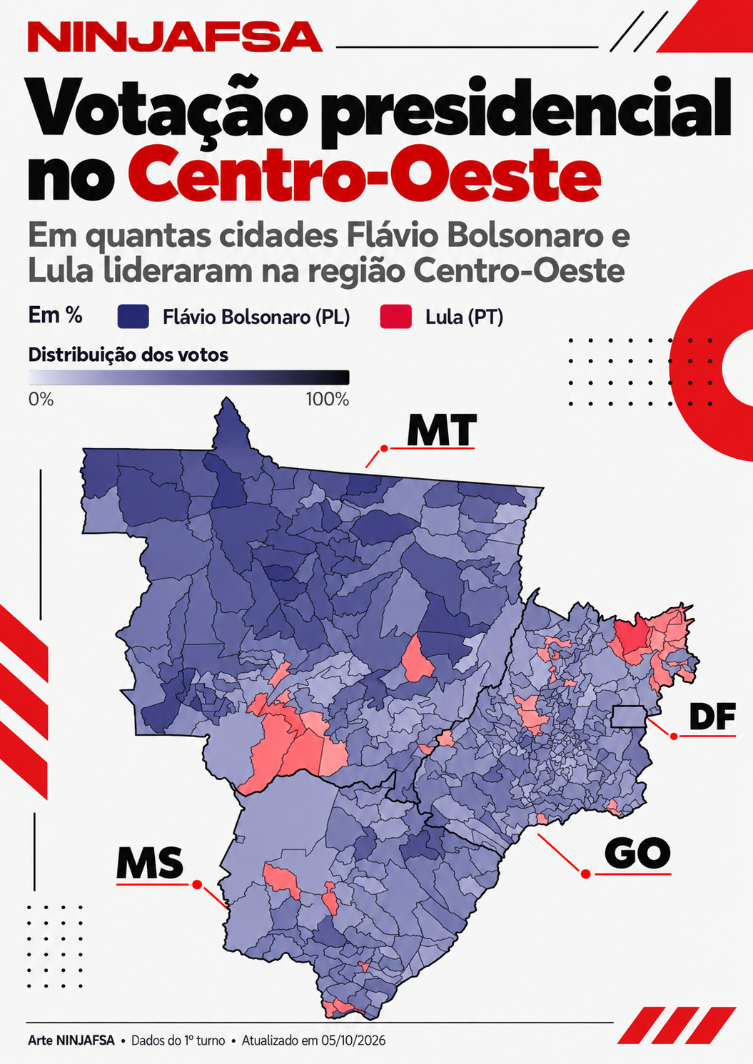 Mapa da votação presidencial no Centro-Oeste