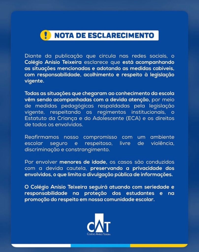 Nota de esclarecimento do Colégio Anísio Teixeira sobre denúncias envolvendo estudantes em Feira de Santana