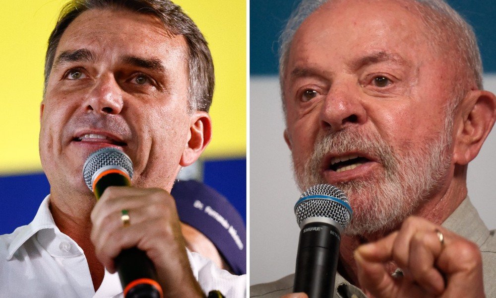 Montagem com Flávio Bolsonaro e Lula, candidatos à Presidência no segundo turno de 2026